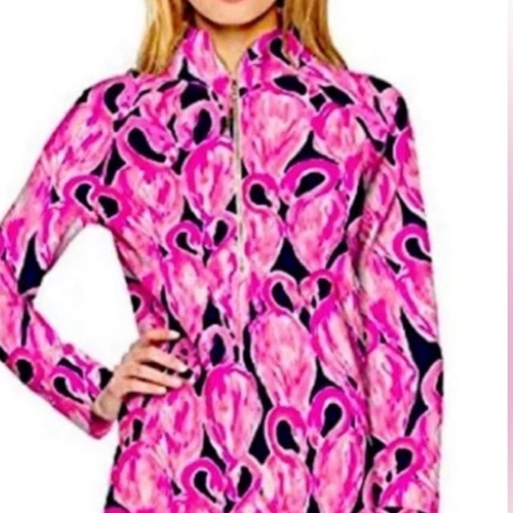Lilly Pulizer PINK Navy Flamingo Zip Pullover XXS 0-4 Resort Beach Top Cotton - Picture 2 of 6